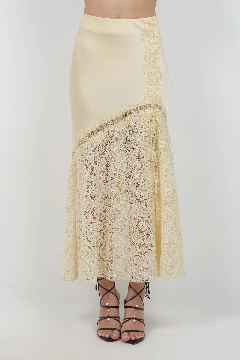 LACE SATIN MIXED ANKLE LENGTH SLIP SKIRT