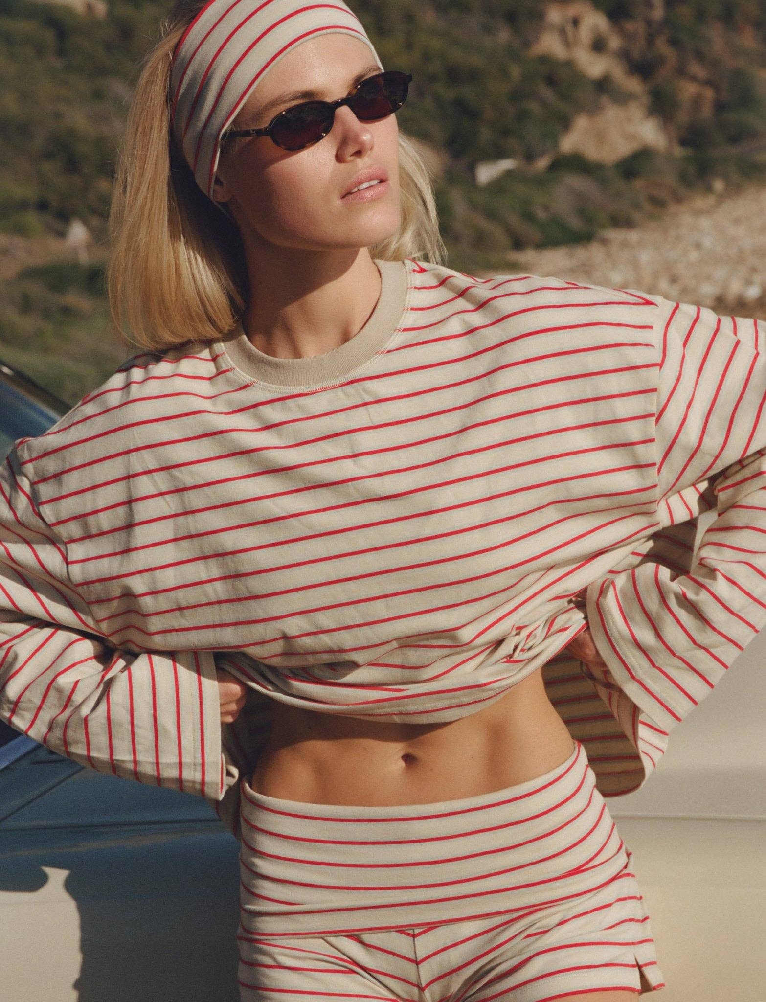 STRIPED LONG SLEEVE IN CREAM + BLUE + RASPBERRY