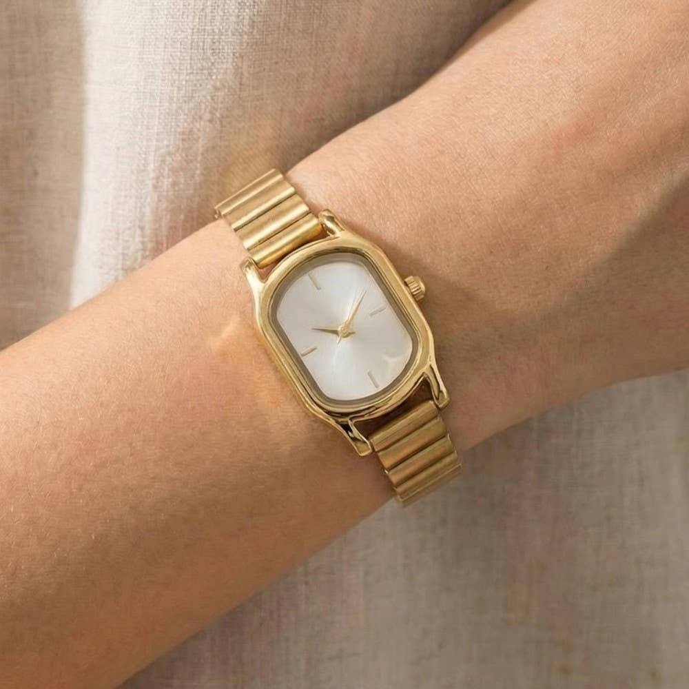 Ribbed Cushion Metallic Band Minimalist Rectangle Watch