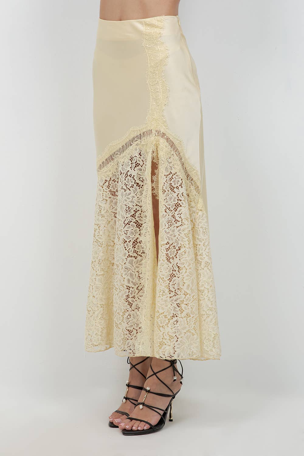 LACE SATIN MIXED ANKLE LENGTH SLIP SKIRT