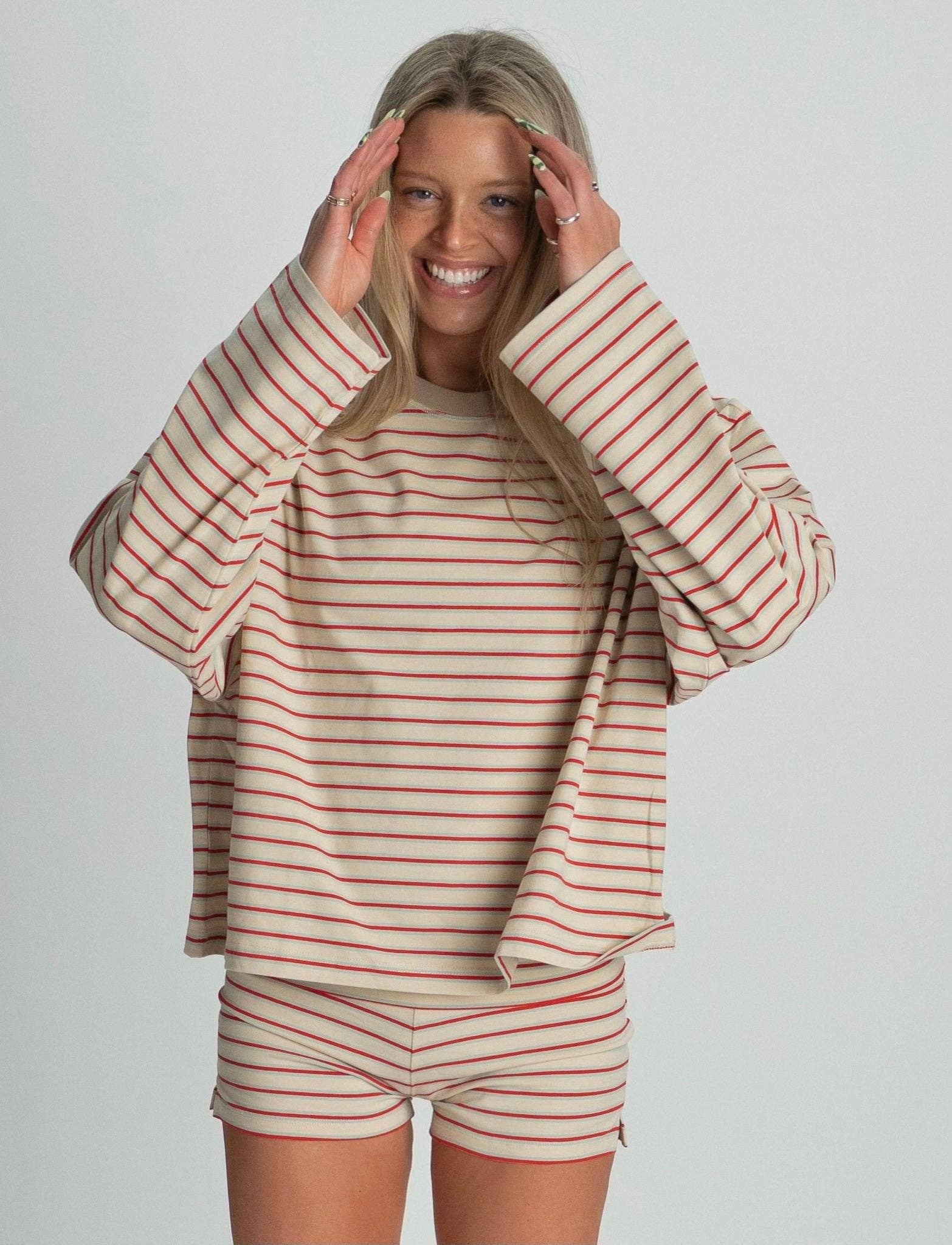 STRIPED SHORTS IN CREAM + BLUE + RASPBERRY