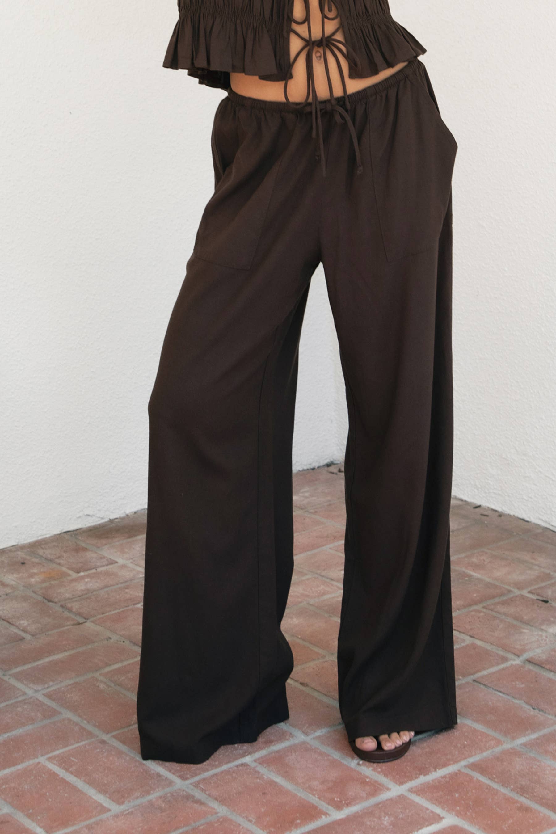 Linen Drawstring Wide Leg Pants