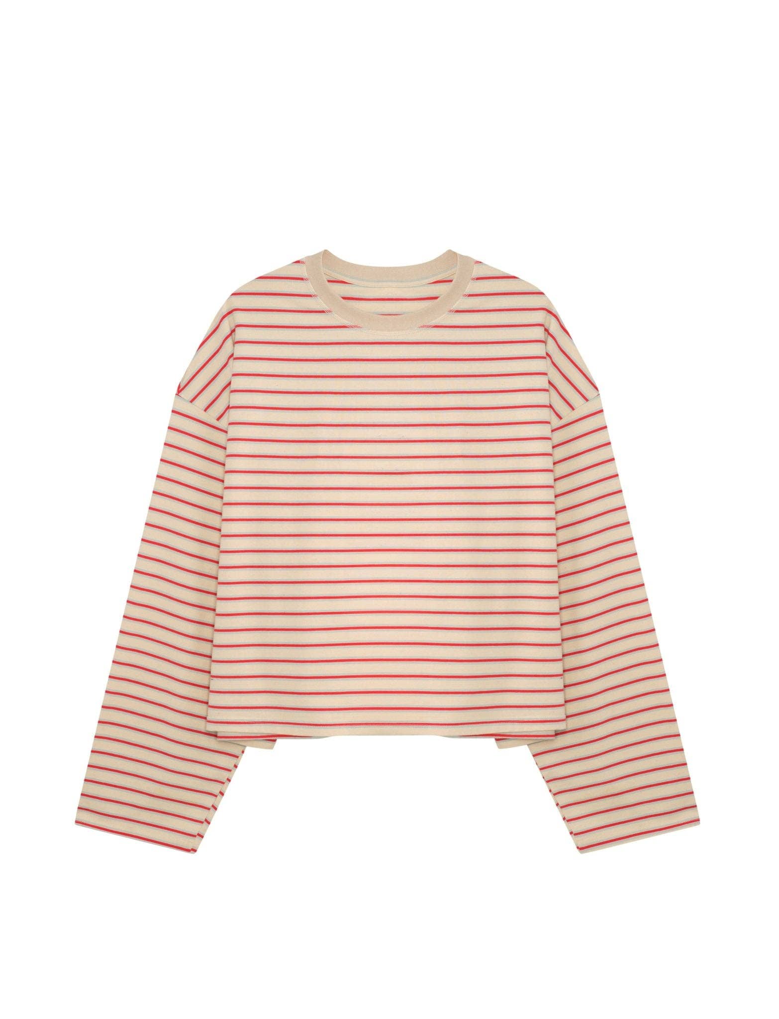 STRIPED LONG SLEEVE IN CREAM + BLUE + RASPBERRY