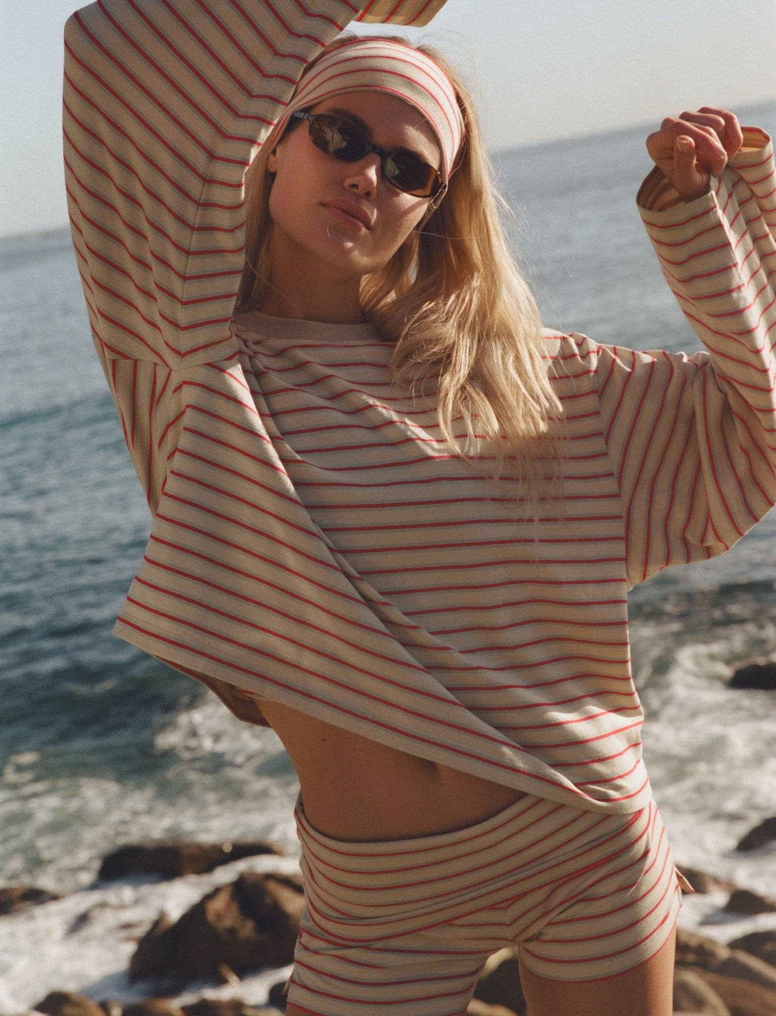 STRIPED LONG SLEEVE IN CREAM + BLUE + RASPBERRY