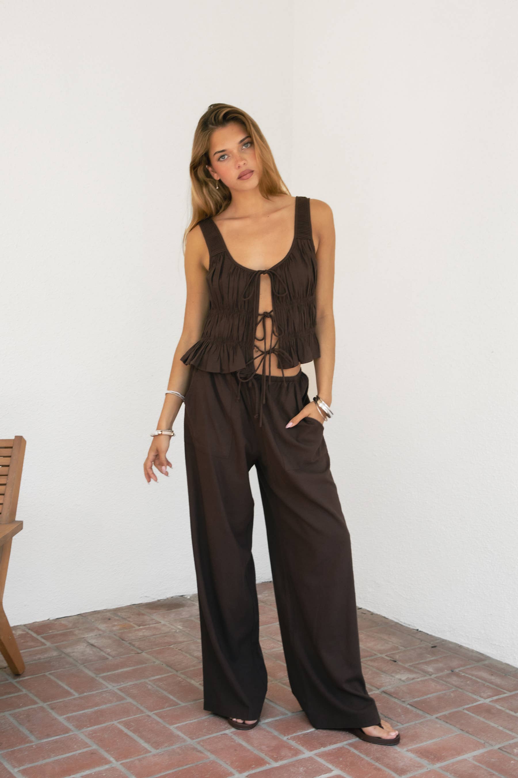 Linen Drawstring Wide Leg Pants